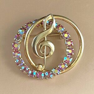 Vintage Treble Clef Brooch Pink Aurora Borealis AB Rhinestone Gold Tone Pin